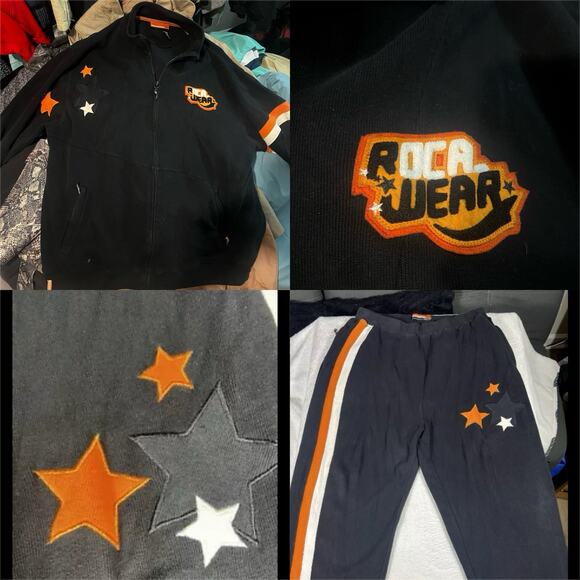 Vtg 2000s Rocawear Black Orange Star Tracksuit Baggy Hip-Hop Y2K Jacket Pants
